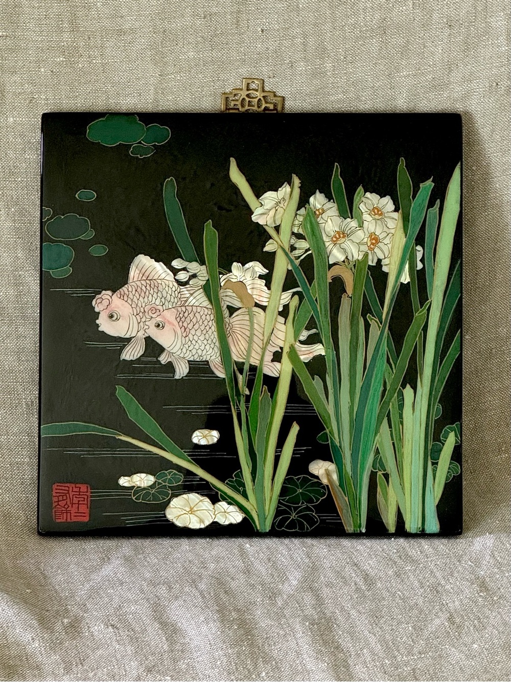 vintage Asian lacquer wall plaque koi narcissus mother of pearl